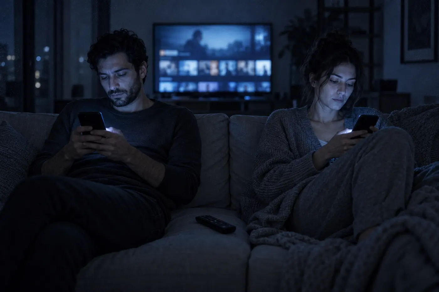 Un couple sur le canapé, chacun sur son téléphone